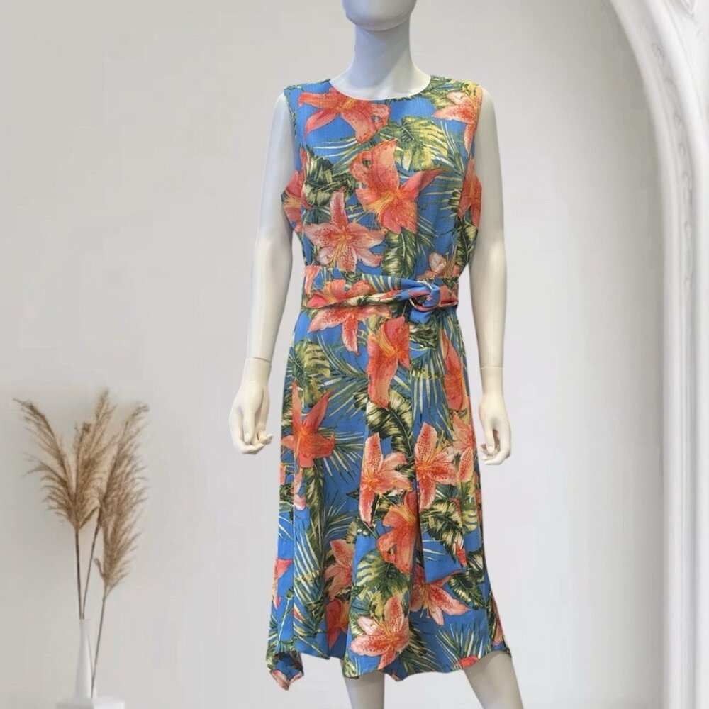 Shelby & Palmer Vivid Floral Dress Asymmetrical  Hem Women's Sz 14